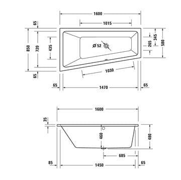DURAVIT NO.1 rohová vana 160x85 cm, hydromasážní, s nožičkami, akrylát 760506000JP1000 Technický nákres