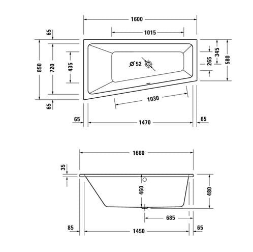 DURAVIT NO.1 rohová vana 160x85 cm, hydromasážní, s nožičkami, akrylát 760506000JP1000 Technický nákres