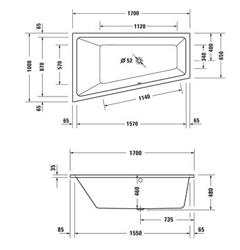DURAVIT NO.1 rohová vana 170x100 cm, hydromasážní, s nožičkami, akrylát 760508000JP1000 Technický nákres