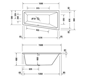 DURAVIT NO.1 rohová vana 150x80 cm, hydromasážní, s nožičkami, akrylát 760505000JP1000 Technický nákres