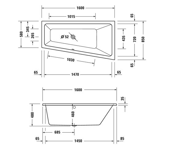 DURAVIT NO.1 rohová vana 160x85 cm, hydromasážní, s nožičkami, akrylát 760507000JP1000 Technický nákres