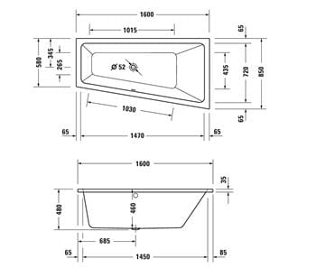 DURAVIT NO.1 rohová vana 160x85 cm, hydromasážní, s nožičkami, akrylát 760507000JP1000 Technický nákres