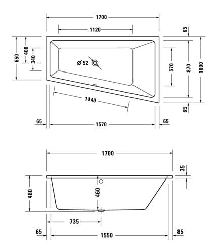 DURAVIT NO.1 rohová vana 170x100 cm, hydromasážní, s nožičkami, akrylát 760509000JP1000 Technický nákres