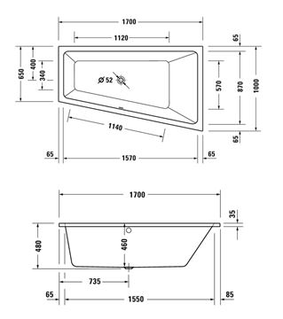 DURAVIT NO.1 rohová vana 170x100 cm, hydromasážní, s nožičkami, akrylát 760509000JP1000 Technický nákres