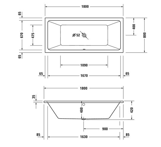 DURAVIT NO.1 vana 180x80 cm, hydromasážní, pro 2 osoby, s nožičkami, akrylát 760492000JP1000 Technický nákres