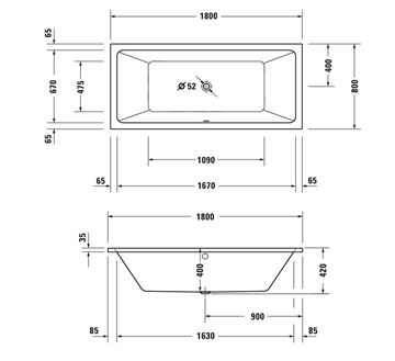 DURAVIT NO.1 vana 180x80 cm, hydromasážní, pro 2 osoby, s nožičkami, akrylát 760492000JP1000 Technický nákres