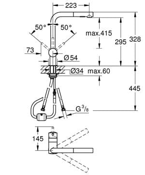 GROHE MINTA dřezová baterie, s vytahovací sprškou, chrom 30274000 Technický nákres