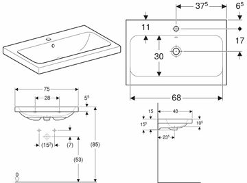GEBERIT ICON LIGHT umyvadlo 75 cm, s otvorem pro baterii a přepadem 501.835.00.1 Technický nákres