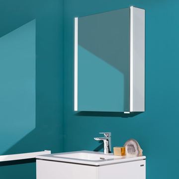 LAUFEN FRAME 25 zrcadlová skříňka 60x75x15 cm, osvětlení, s vypínačem a el. zásuvkou, panty vlevo, hliník, lesklá bílá H4084019001451 Obrázek - fotka