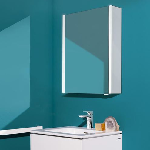 LAUFEN FRAME 25 zrcadlová skříňka 60x75x15 cm, osvětlení, s vypínačem a el. zásuvkou, panty vlevo, hliník, lesklá bílá H4084019001451 Obrázek - fotka