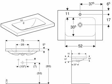 GEBERIT ICON LIGHT umyvadlo 75 cm, s otvorem pro baterii a přepadem, KeraTect 501.839.00.2 Technický nákres