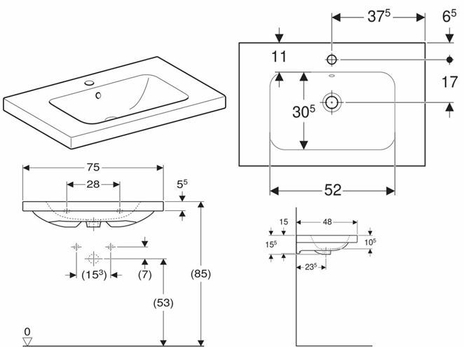 GEBERIT ICON LIGHT umyvadlo 75 cm, s otvorem pro baterii a přepadem, KeraTect 501.839.00.2 Technický nákres