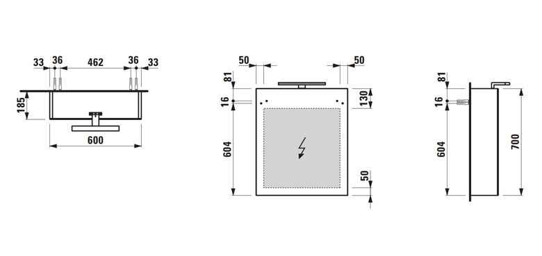 LAUFEN BASE zrcadlová skříňka 60x70x18,5 cm, osvětlení, s vypínačem a el. zásuvkou, panty vpravo, MDF, lesklá bílá H4027521102611 Technický nákres