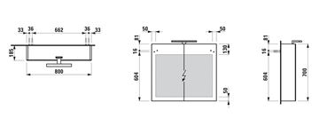 LAUFEN BASE zrcadlová skříňka 80x70x18,5 cm, osvětlení, s vypínačem a el. zásuvkou, MDF, lesklá bílá H4028021102611 Technický nákres