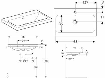 GEBERIT ICON LIGHT umyvadlo 75 cm, s otvorem pro baterii a přepadem 501.848.00.1 Technický nákres