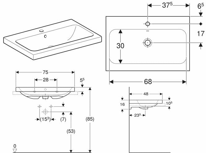 GEBERIT ICON LIGHT umyvadlo 75 cm, s otvorem pro baterii a přepadem, KeraTect 501.848.00.2 Technický nákres