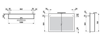 LAUFEN BASE zrcadlová skříňka 100x70x18,5 cm, osvětlení, s vypínačem a el. zásuvkou, MDF, lesklá bílá H4028521102611 Technický nákres