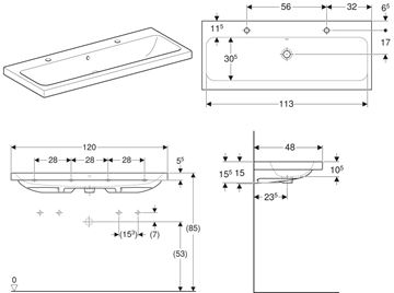 GEBERIT ICON LIGHT umyvadlo 120 cm, se 2 otvory pro baterie a přepadem, KeraTect 501.837.00.2 Technický nákres