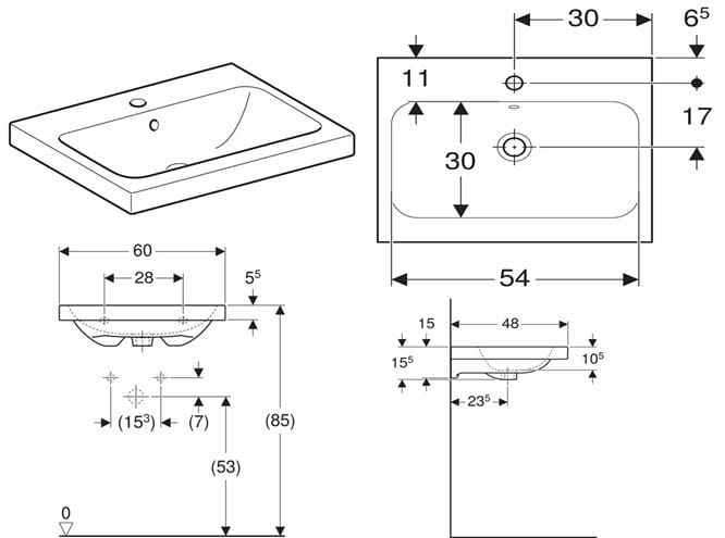 GEBERIT ICON LIGHT umyvadlo 60 cm, s otvorem pro baterii a přepadem 501.834.00.1 Technický nákres