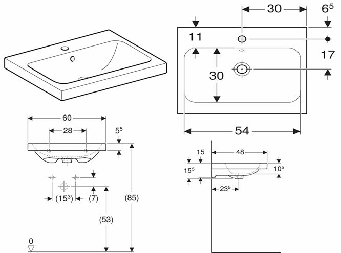 GEBERIT ICON LIGHT umyvadlo 60 cm, s otvorem pro baterii a přepadem, KeraTect 501.834.00.2 Technický nákres