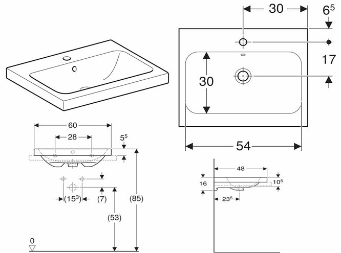 GEBERIT ICON LIGHT umyvadlo 60 cm, s otvorem pro baterii a přepadem 501.847.00.1 Technický nákres
