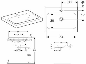 GEBERIT ICON LIGHT umyvadlo 60 cm, s otvorem pro baterii a přepadem, KeraTect 501.847.00.2 Technický nákres