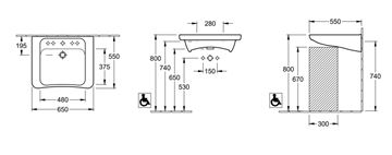VILLEROY & BOCH VICARE bezbariérové umyvadlo 65 cm, s otvorem pro baterii a přepadem, alpská bílá 51786701 Technický nákres