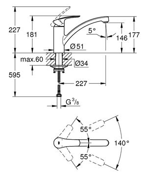GROHE EUROSMART dřezová baterie, chrom 33281003 Technický nákres