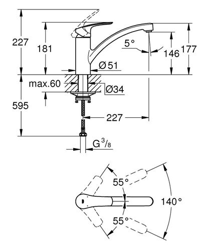 GROHE EUROSMART dřezová baterie, chrom 33281003 Technický nákres