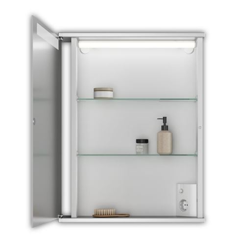 JOKEY CENTO 50 LS zrcadlová skříňka 50x65x14 cm, osvětlení, s vypínačem a el. zásuvkou, MDF/dřevo, aluminium/bílá 114311020-0140 Obrázek - fotka