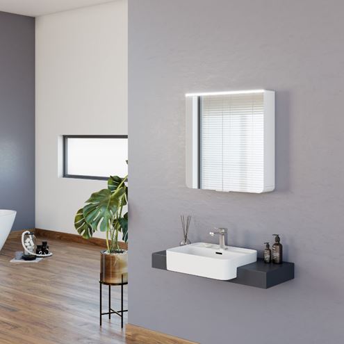 JOKEY XANTO LINE LED zrcadlová skříňka 62,9x66,2x15 cm, osvětlení, s vypínačem a el. zásuvkou, MDF/dřevo, bílá 111312520-0110 Obrázek - fotka