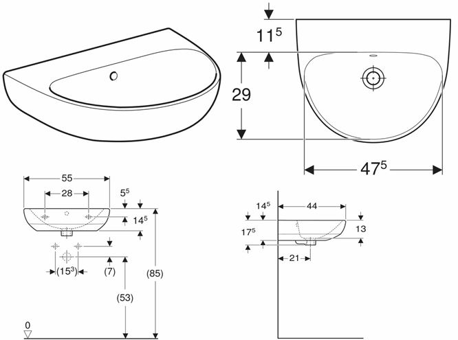 GEBERIT SELNOVA umyvadlo 55 cm, s přepadem 500.304.01.7 Technický nákres