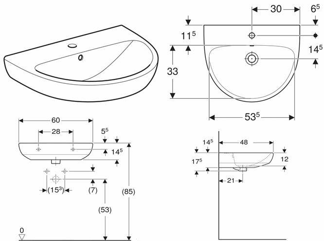 GEBERIT SELNOVA umyvadlo 60 cm, s otvorem pro baterii a přepadem 500.305.01.7 Technický nákres