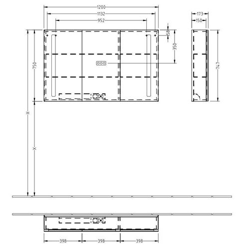 VILLEROY & BOCH VERITY LINE zrcadlová skříňka 120x75x17,3 cm, osvětlení, se zvětšovacím zrcátkem, vypínačem a el. zásuvkou, hliník, stříbrná B307F200 Technický nákres