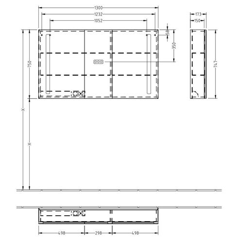 VILLEROY & BOCH VERITY LINE zrcadlová skříňka 130x75x17,3 cm, osvětlení, se zvětšovacím zrcátkem, vypínačem a el. zásuvkou, hliník, stříbrná B307F300 Technický nákres