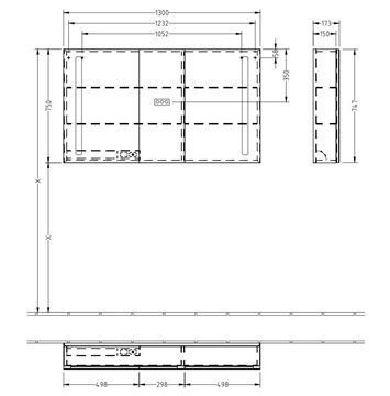 VILLEROY & BOCH VERITY LINE zrcadlová skříňka 130x75x17,3 cm, osvětlení, se zvětšovacím zrcátkem, vypínačem a el. zásuvkou, hliník, stříbrná B307F300 Technický nákres