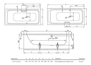 CONCEPT 200 vana 170x75 cm, bez nožiček, smaltovaná ocel 24CV Technický nákres
