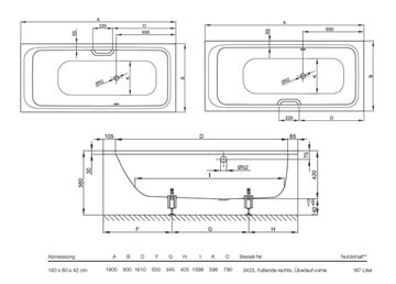 CONCEPT 200 vana 180x80 cm, bez nožiček, smaltovaná ocel 26CV Technický nákres