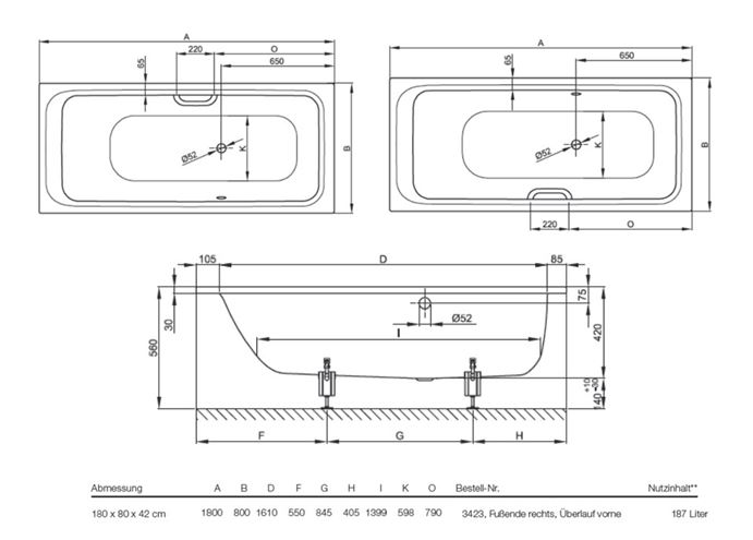CONCEPT 200 vana 180x80 cm, bez nožiček, smaltovaná ocel 26CV Technický nákres