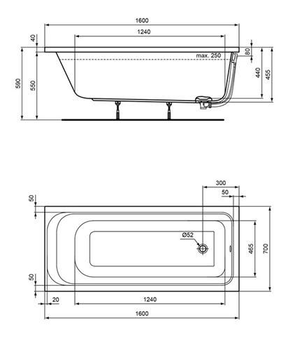 CONCEPT 100 vana 160x70 cm, bez nožiček, akrylát K864001 Technický nákres