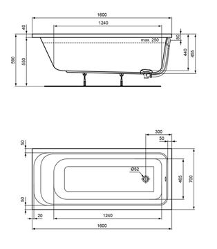 CONCEPT 100 vana 160x70 cm, bez nožiček, akrylát K864001 Technický nákres