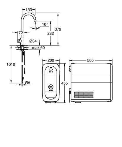 GROHE BLUE HOME dřezová elektronická baterie Mono, s filtračním a chladícím zařízením, Bluetooth, pro jednu vodu, napájení ze sítě, supersteel 31498DC1 Technický nákres