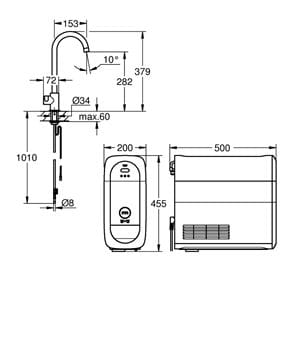 GROHE BLUE HOME dřezová elektronická baterie Mono, s filtračním a chladícím zařízením, Bluetooth, pro jednu vodu, napájení ze sítě, supersteel 31498DC1 Technický nákres