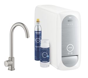 GROHE BLUE HOME dřezová elektronická baterie Mono, s filtračním a chladícím zařízením, Bluetooth, pro jednu vodu, napájení ze sítě, supersteel