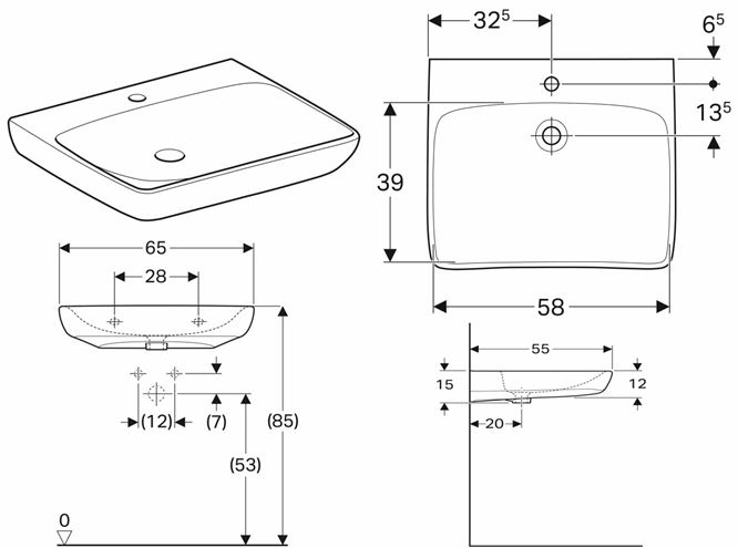 GEBERIT SELNOVA COMFORT bezbariérové umyvadlo 65 cm, s otvorem pro baterii, bez přepadu 500.188.01.7 Technický nákres