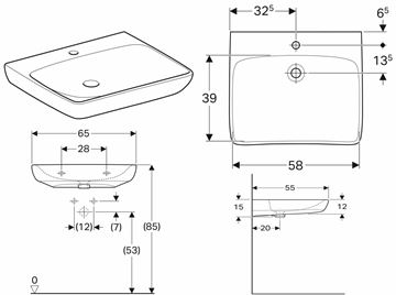 GEBERIT SELNOVA COMFORT bezbariérové umyvadlo 65 cm, s otvorem pro baterii, bez přepadu 500.188.01.7 Technický nákres