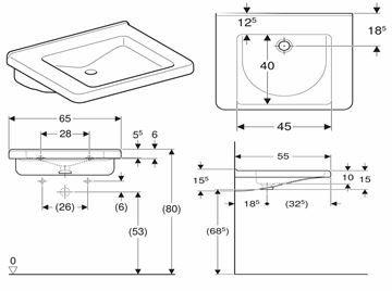 GEBERIT SELNOVA COMFORT SQUARE bezbariérové umyvadlo 65 cm, bez přepadu 500.790.01.7 Technický nákres