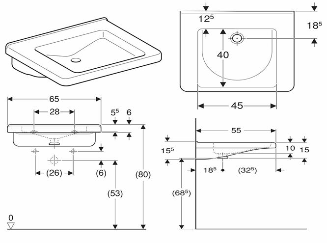 GEBERIT SELNOVA COMFORT SQUARE bezbariérové umyvadlo 65 cm, bez přepadu 500.790.01.7 Technický nákres
