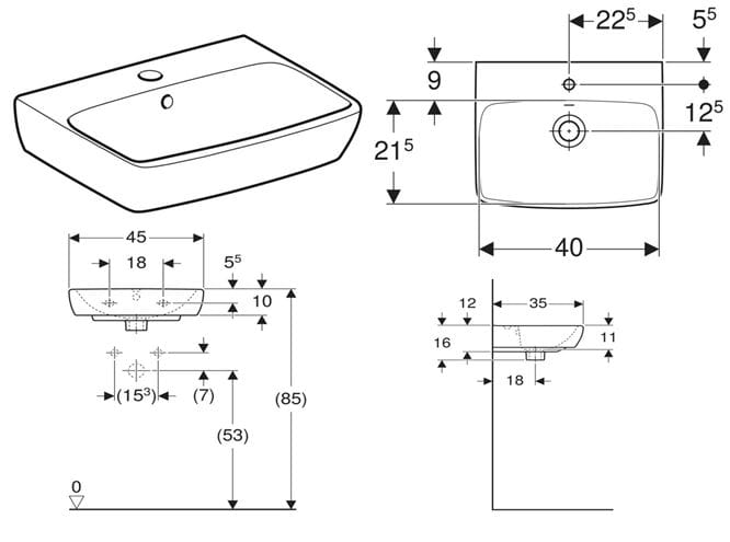 GEBERIT SELNOVA SQUARE umývátko 45 cm, s otvorem pro baterii a přepadem 500.322.01.7 Technický nákres