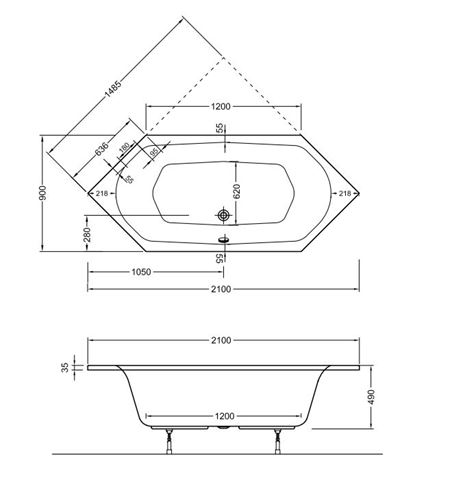 CONCEPT 100 rohová vana 148,5x148,5 cm bez rohu, pro 2 osoby, bez nožiček, akrylát 55490001000 Technický nákres